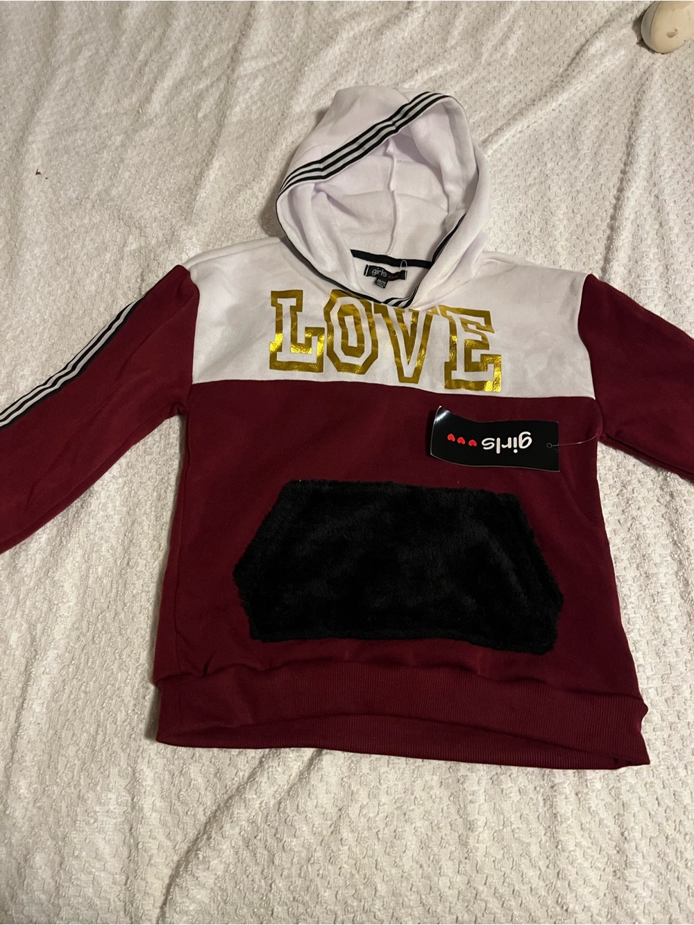 The Girls Maroon, White & Black Hoodie with Gold LOVE Appliqué